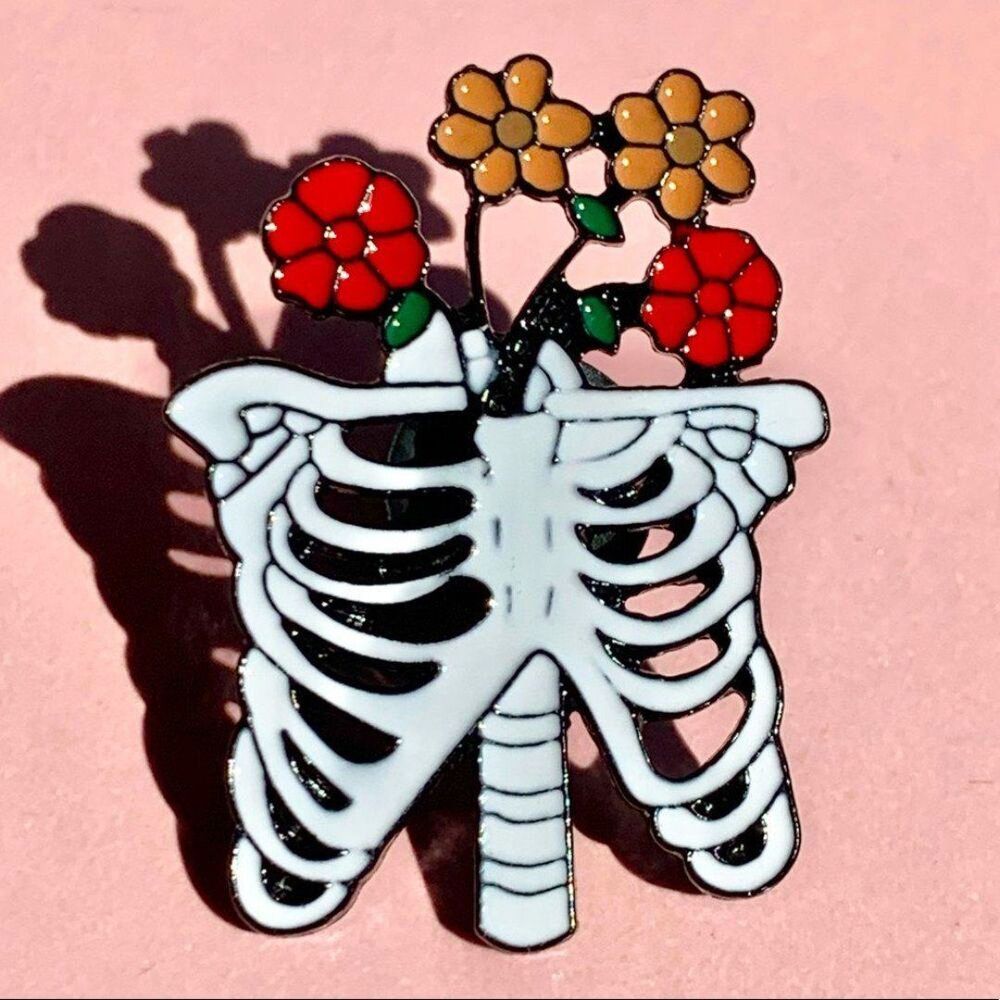 Skeleton Daisies Floral Enamel Pin